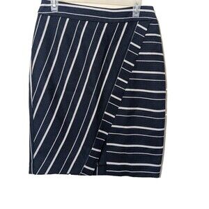Ann Taylor Loft Faux Wrap Skirt Blue Striped Front Slit Preppy Size 6